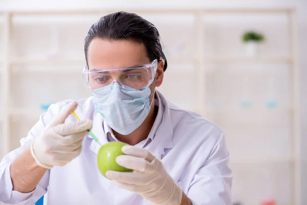 Erkek beslenme uzmanı gıda ürünlerini laboratuarda test ediyor. — Stok fotoğraf