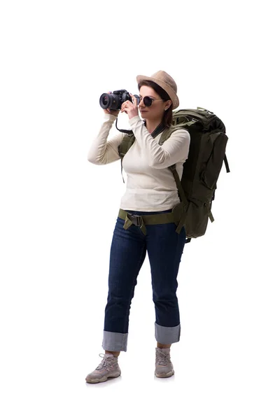 Turista feminino envelhecido isolado em branco — Fotografia de Stock
