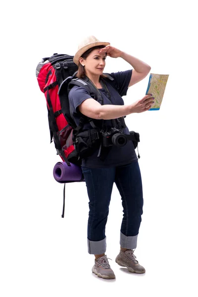 Turista feminino envelhecido isolado em branco — Fotografia de Stock