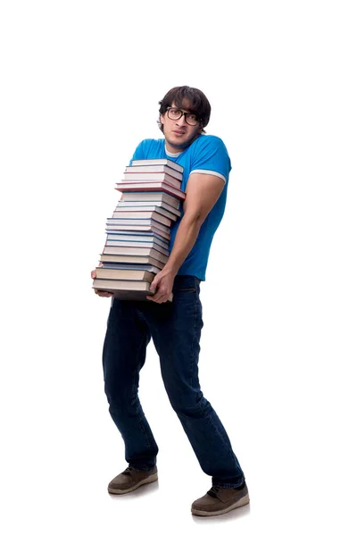 Männlicher Student mit vielen Büchern isoliert auf weiß — Stockfoto