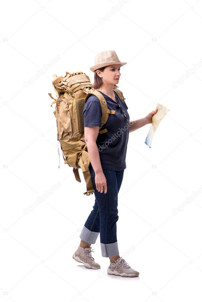 Aged female tourist isolated on white