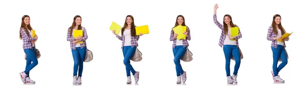 Giovane studente con libri isolati sul bianco — Foto Stock