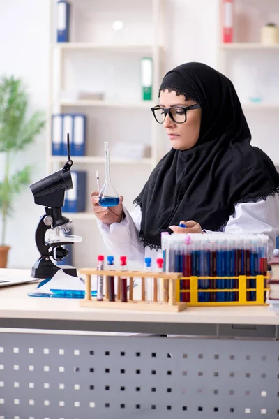 Chemikerin im Hidschab arbeitet im Labor — Stockfoto