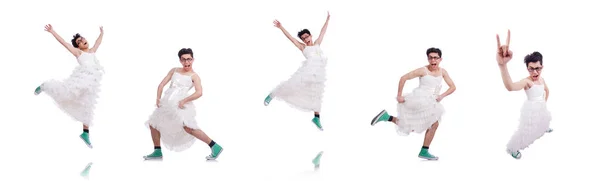 Homem dançando engraçado vestindo em vestido de mulher isolado no branco — Fotografia de Stock