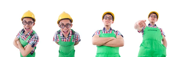 Divertente lavoratore edile isolato su bianco — Foto Stock