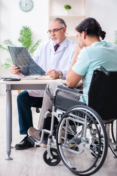 Male patient in wheel-chair visiting old doctor