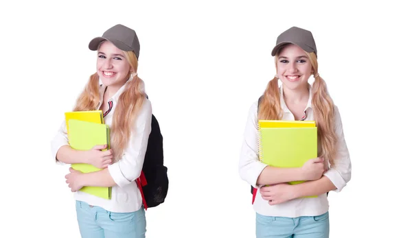 Studente ragazza con libri su bianco — Foto Stock