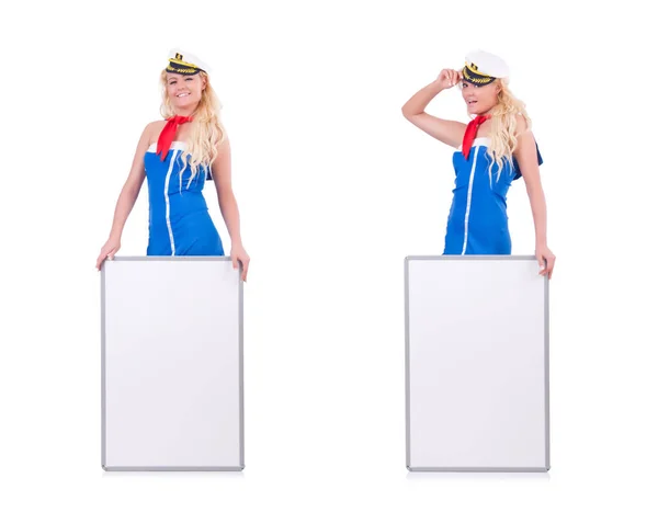Stewardess met leeg bord op wit — Stockfoto