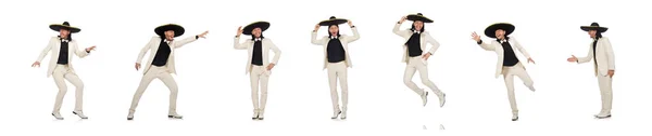 Zabawny meksykańskie w garnitur i sombrero na białym tle — Zdjęcie stockowe