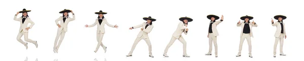 Mexicano engraçado em terno e sombrero isolado em branco — Fotografia de Stock