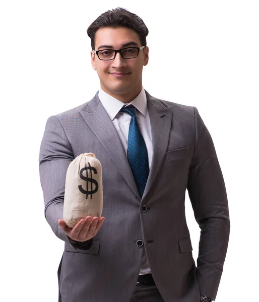 Affärsman med pengar väska isolerad på vit bakgrund — Stockfoto