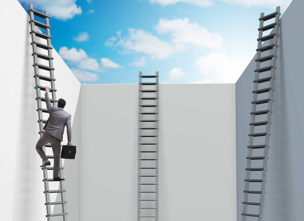 The businessman climbing a ladder to escape from problems