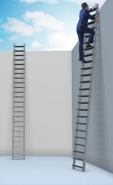 Businessman climbing a ladder to escape from problems — Stock Photo, Image