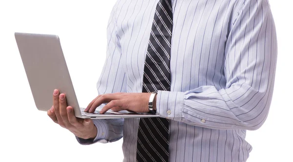 Молодий бізнесмен з ноутбуком ізольовано на білому тлі — стокове фото