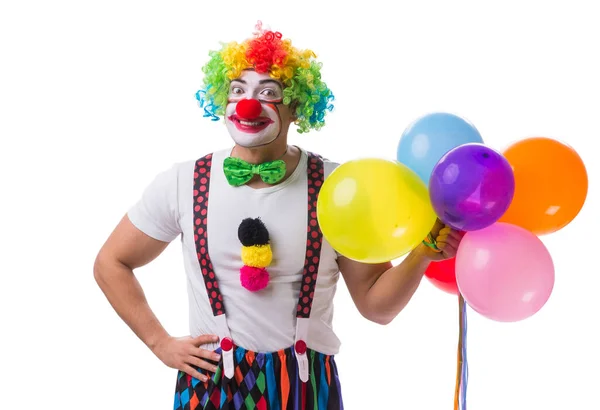 Grappige clown met ballonnen geïsoleerd op witte achtergrond — Stockfoto