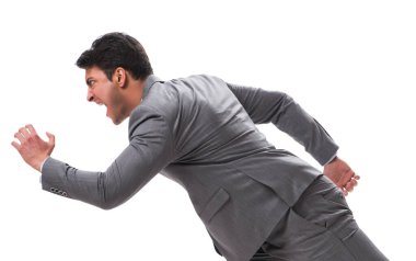 Genç işadamı beyaz izole ileri koşuyor