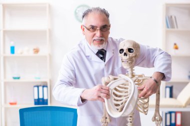 İskeleti olan yaşlı erkek doktor.