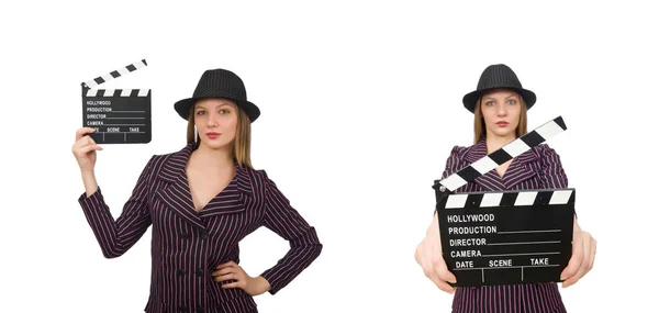 Mujer con película clapboard aislado en blanco —  Fotos de Stock