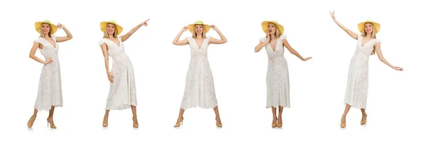 Vrouw in lange zomerjurk en hoed geïsoleerd op wit — Stockfoto