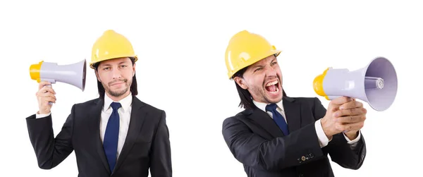 Uomo con casco e altoparlante su bianco — Foto Stock