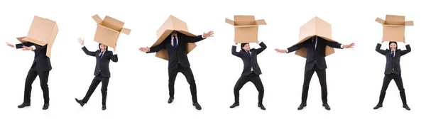 Hombre divertido con cajas en blanco — Foto de Stock