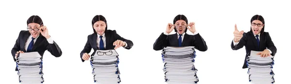 Funny man with lots of papers on white — Stock Photo, Image