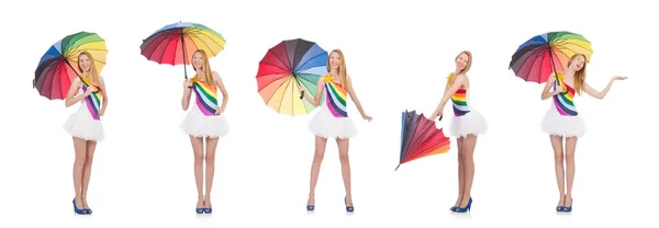 Donna con ombrello isolato su bianco — Foto Stock