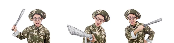 Funny soldado con cuchillo en blanco — Foto de Stock