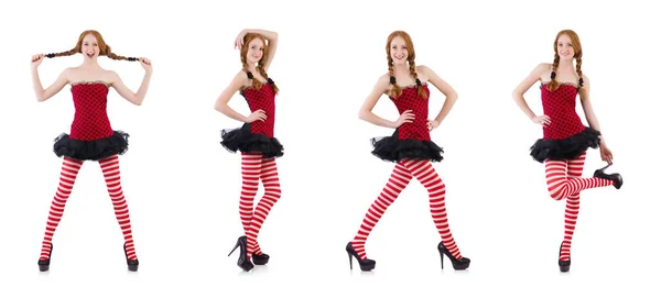 Kızıl saçlı kız kırmızı elbise ve beyaz çorap — Stok fotoğraf