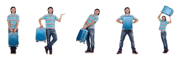 Joven viajando con maletas aisladas en blanco — Foto de Stock