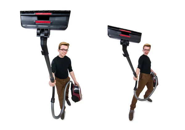 Funny man with vacuum cleaner on white — Stock Photo, Image