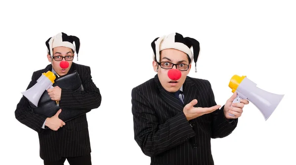 Geschäftsmann Clown mit Lautsprecher auf weiß — Stockfoto