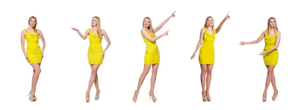 Довольно высокая женщина в коротком желтом платье изолированы на белом — стоковое фото