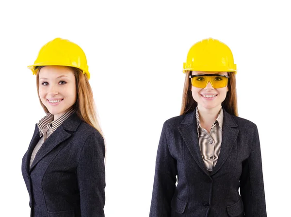 Kvinnlig byggarbetare isolerad på vitt — Stockfoto