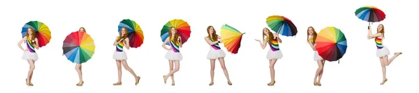 Junge Frau mit Regenschirm auf weißem Grund — Stockfoto
