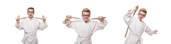 Grappige karate vechter met nunchucks op wit — Stockfoto