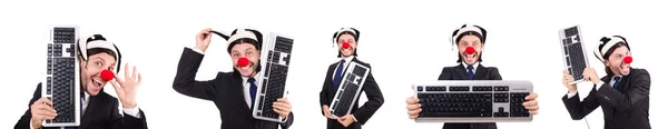 Grappige clown met toetsenbord geïsoleerd op wit — Stockfoto