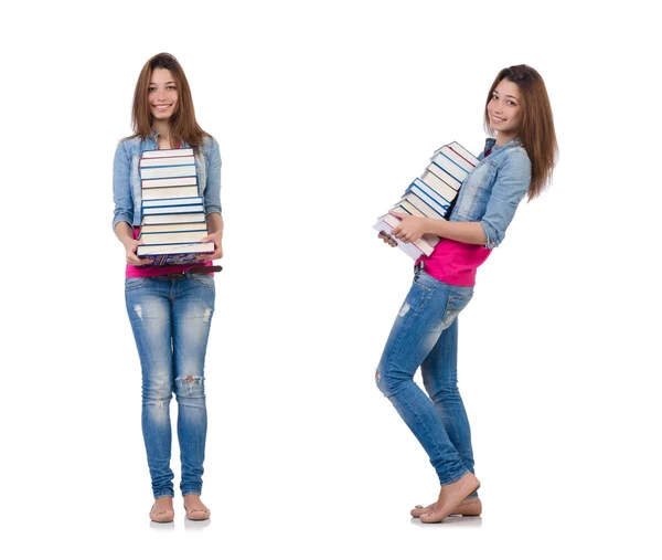 Student girl with books on white — Stock Photo, Image