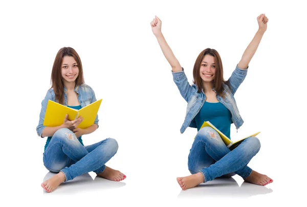 Student meisje met boeken op wit — Stockfoto