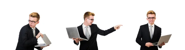 Jonge zakenman met laptop geïsoleerd op wit — Stockfoto