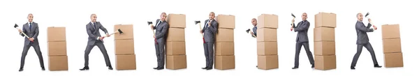Hombre con hacha y cajas en blanco — Foto de Stock
