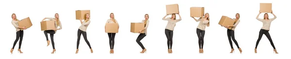 Woman with boxes relocating to new house isolated on white — Stock Photo, Image