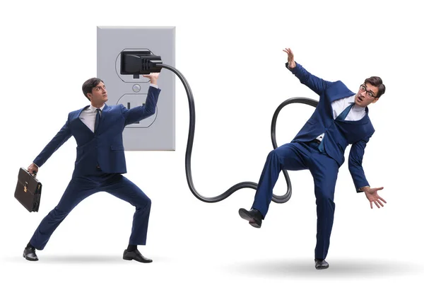 Businessman being powered by electricity and plug — Stock Photo, Image