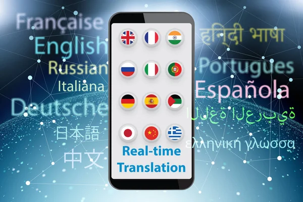 Concept of real time translation with smartphone app - 3d render — Stock Photo, Image