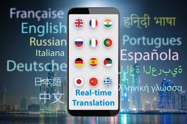 Concetto di traduzione in tempo reale con app per smartphone - rendering 3d — Foto Stock