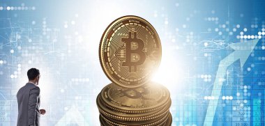 Cryptocurrency blockchai bitcoins doğru yürürken işadamı