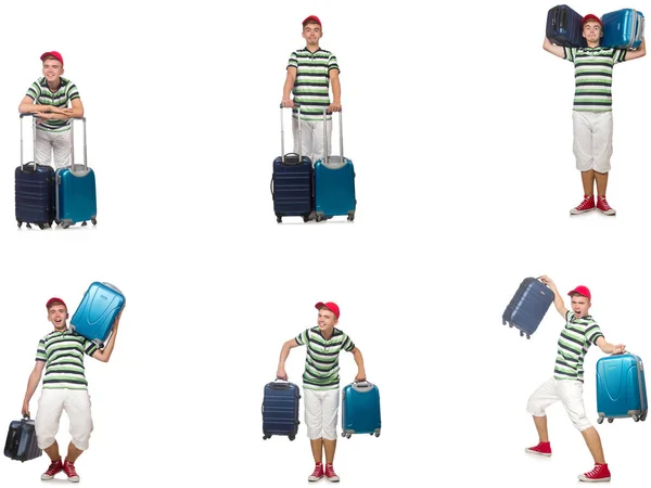 Young man with suitcase isolated on white — Stock Photo, Image