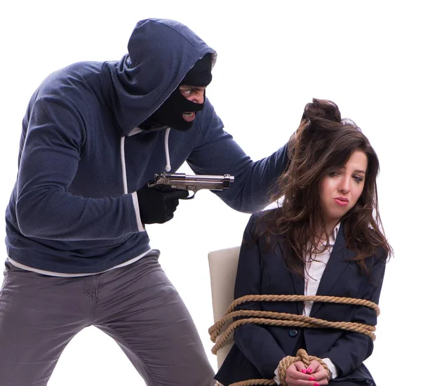 Kidnapper with tied woman isolated on white — Stock Photo, Image
