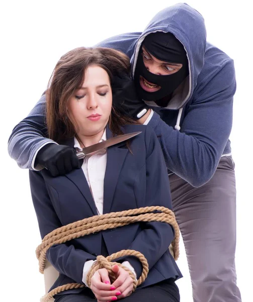 Knifeman threatening tied woman — Stock Photo, Image