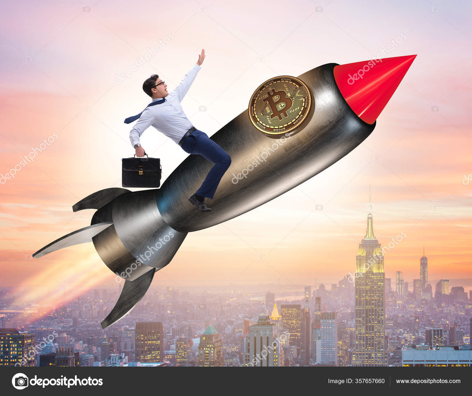 비트코인 가격 상승 개념으로 로켓을 타고 날아가는 사업가 — 스톡 에디토리얼 사진 © Elnur_ #357657660